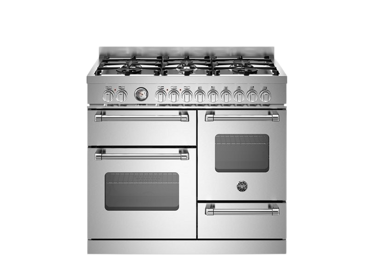 Stainless steel kitchen range with gas cooktop on a white background