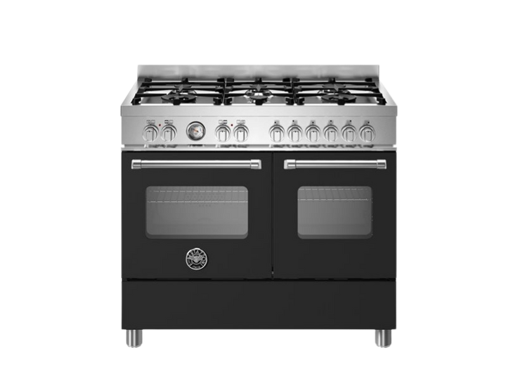 Black stove with silver accents on a white background