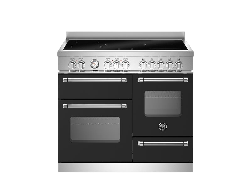 Black and silver stove with multiple burners on a white background