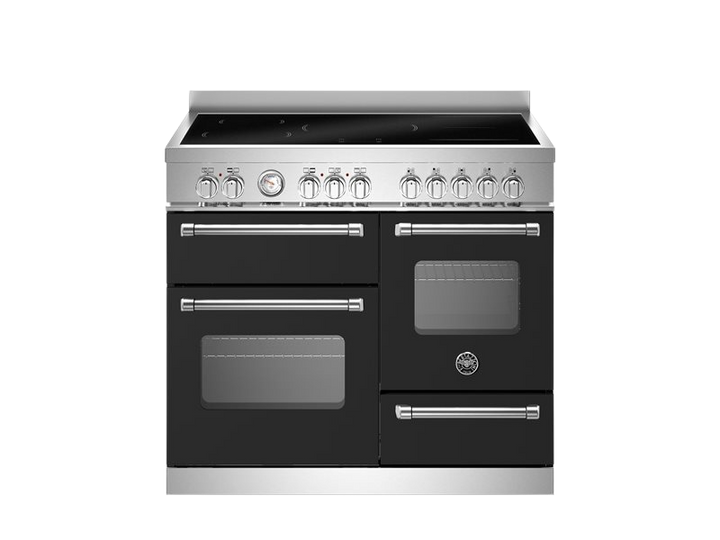 Black and silver stove with multiple burners on a white background