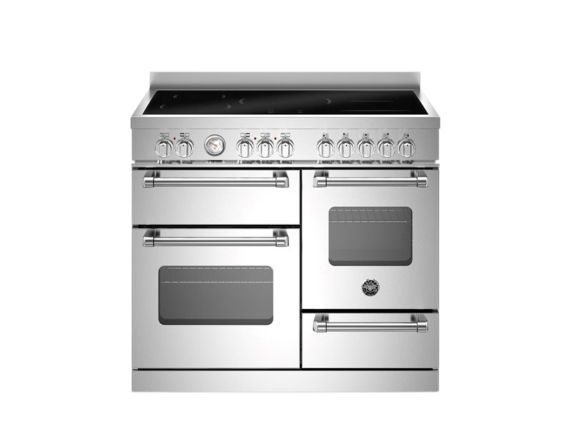 Stainless steel kitchen range with dual ovens on a white background