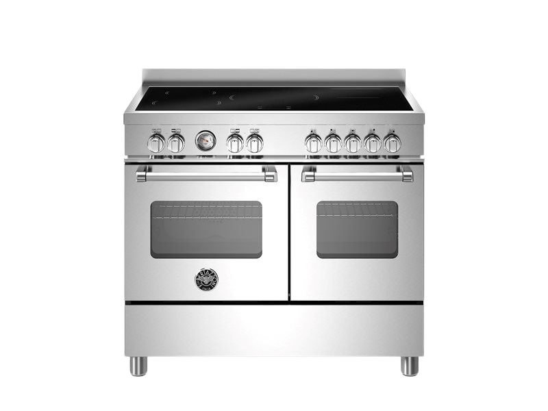 Stainless steel kitchen stove with dual ovens on a white background