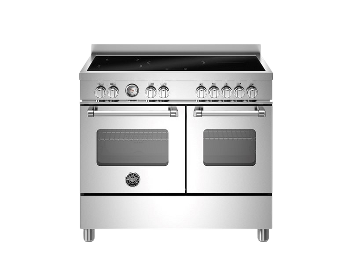 Stainless steel kitchen stove with dual ovens on a white background