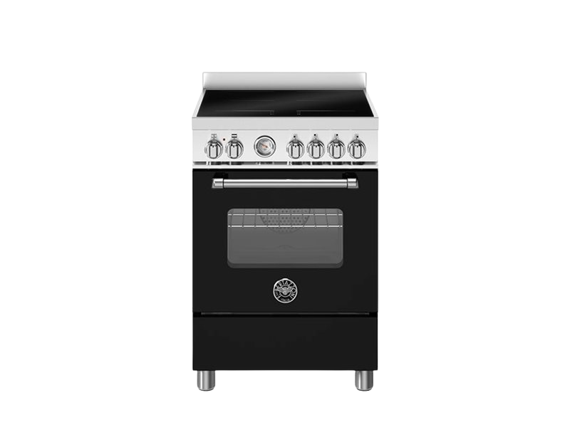 Black stove with silver handle on a white background
