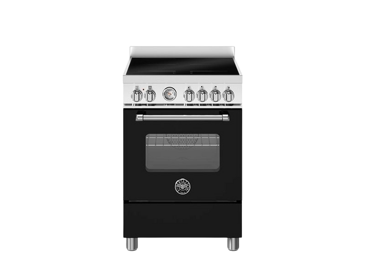 Black stove with silver handle on a white background