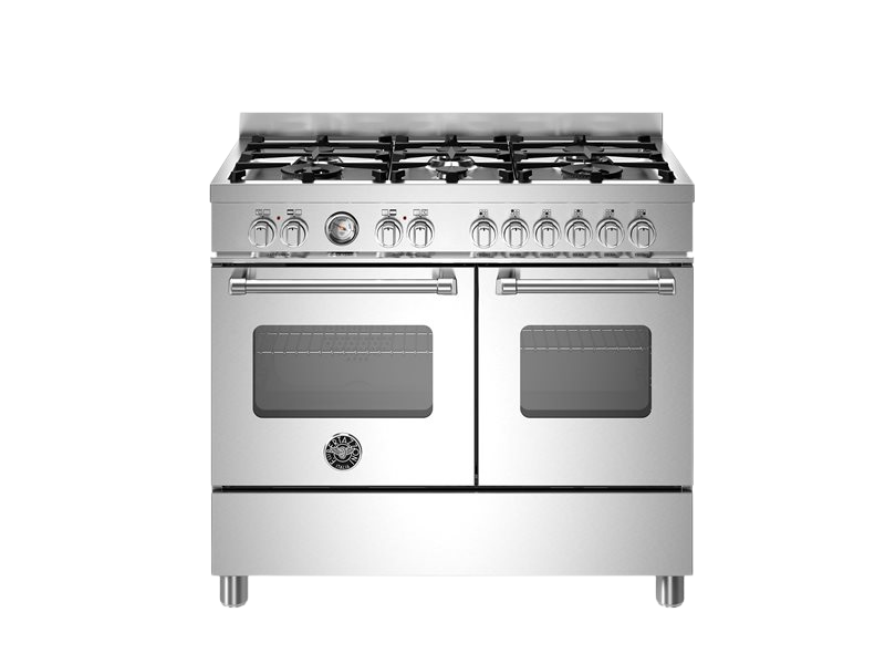 Stainless steel gas range with four burners and two ovens on a white background