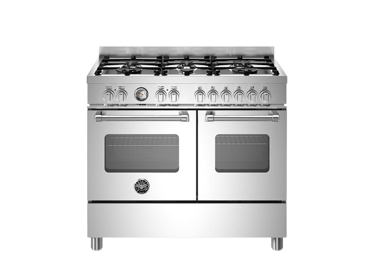Stainless steel gas range with four burners and two ovens on a white background