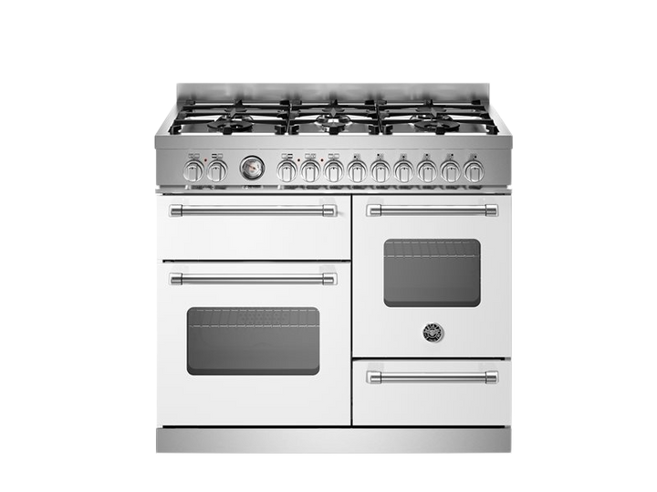 Stainless steel kitchen range with gas cooktop on a white background