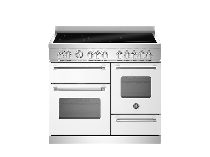 White kitchen stove with black cooktop on a white background