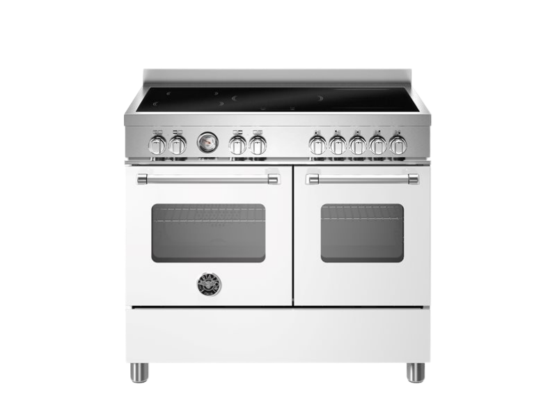 Stainless steel kitchen range with double oven and induction cooktop on a white background