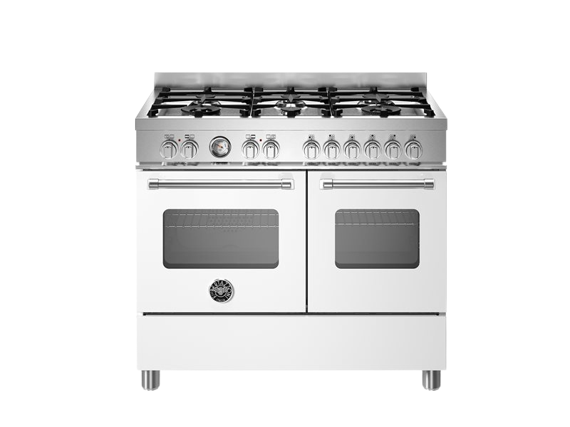 Stainless steel gas range with four burners and two ovens on a white background