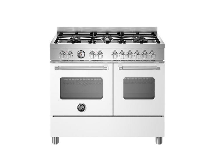 Stainless steel gas range with four burners and two ovens on a white background
