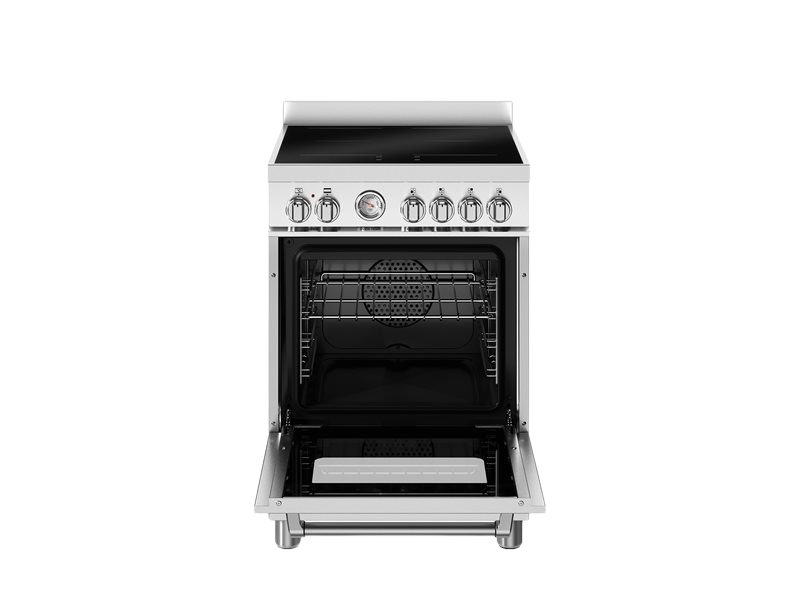 Stainless steel oven with open door on a white background