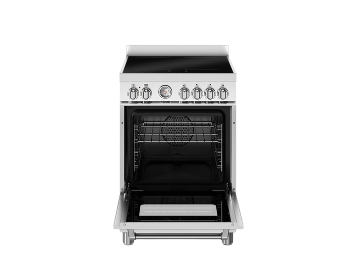 Stainless steel oven with open door on a white background
