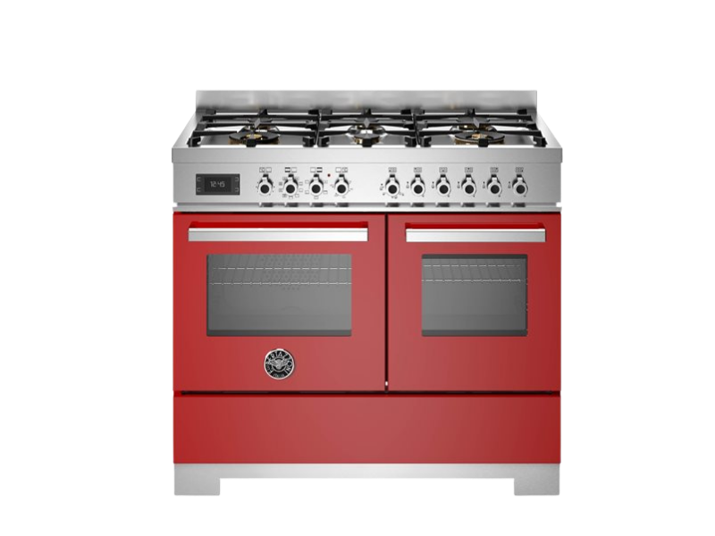 Red Bertazzoni dual fuel range cooker with six gas burners and electric ovens