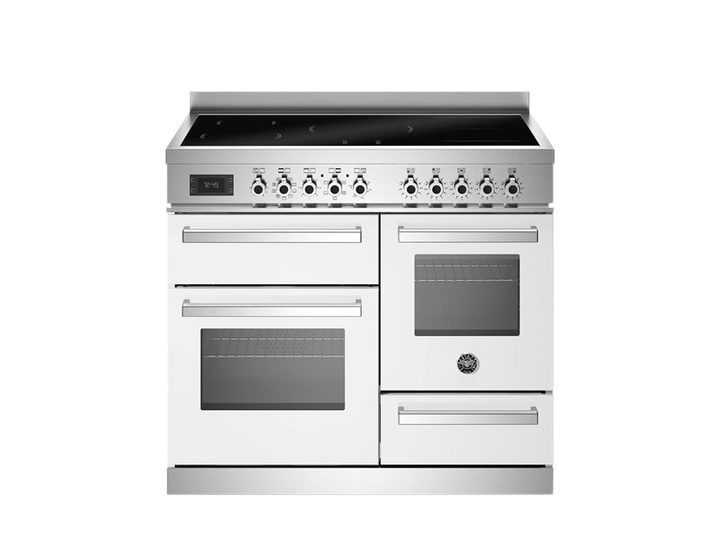 bertazzoni triple oven with induction top in white with stainless steel handles and top