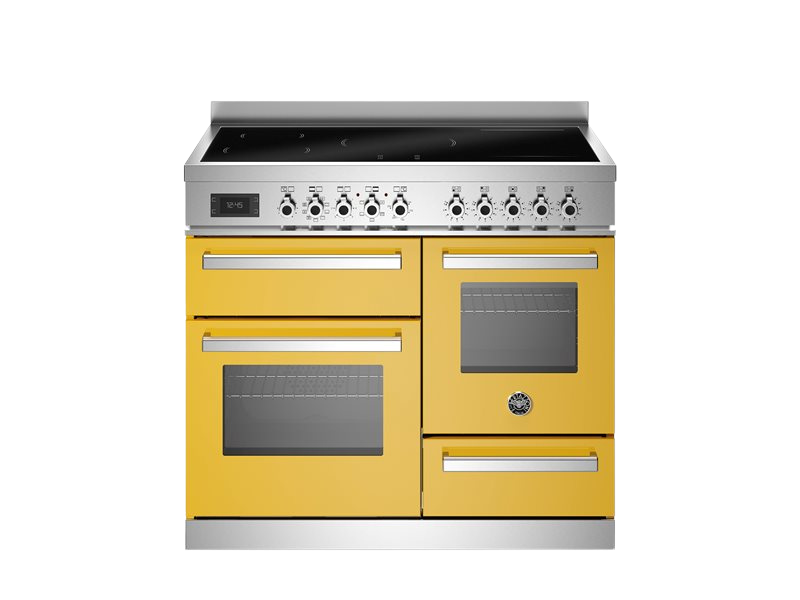 Bertazzoni Professional Series - 100 cm induction top electric triple oven in yellow with stainless steel handles and stianless steel top