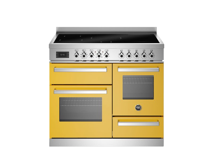 Bertazzoni Professional Series - 100 cm induction top electric triple oven in yellow with stainless steel handles and stianless steel top