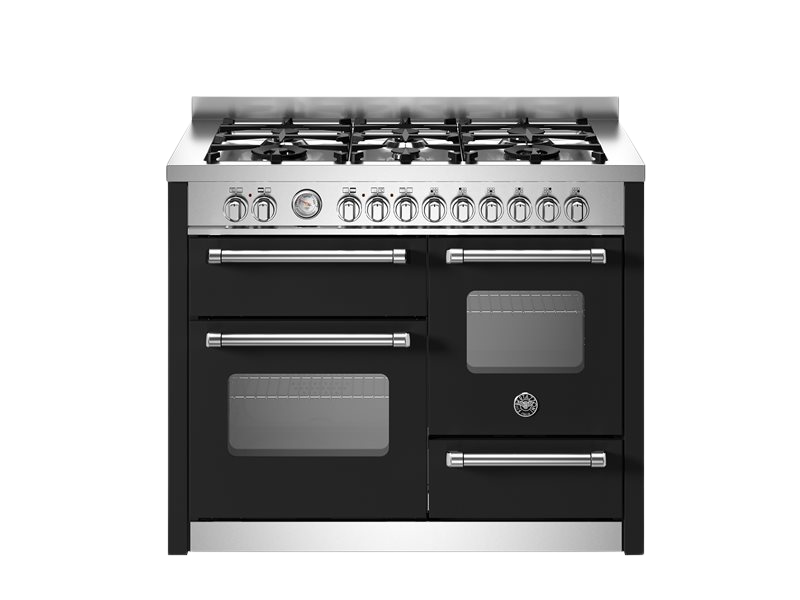 Black kitchen stove with silver accents on a white background