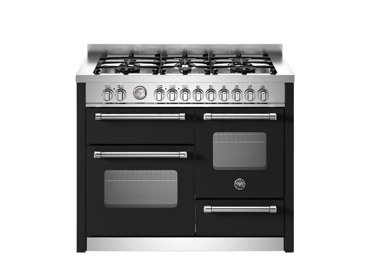 Black kitchen stove with silver accents on a white background
