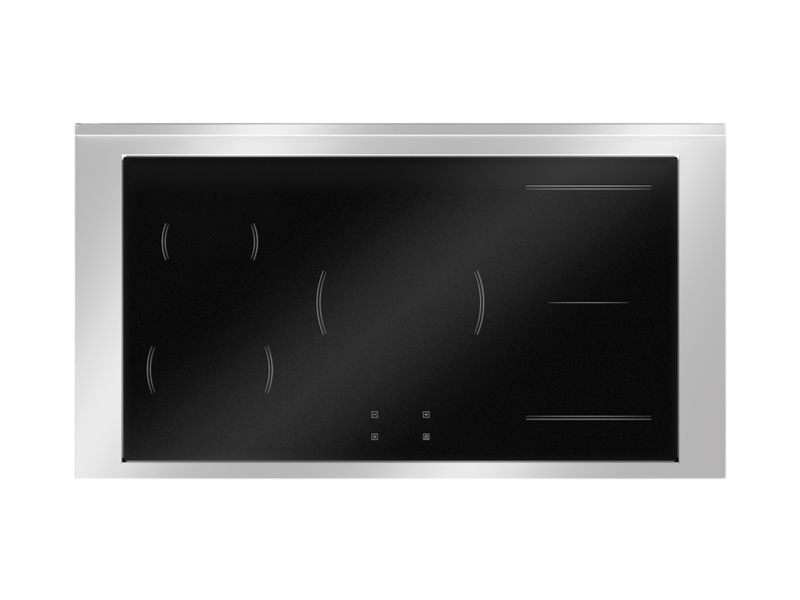 Stainless steel electric cooktop with black glass surface on a white background