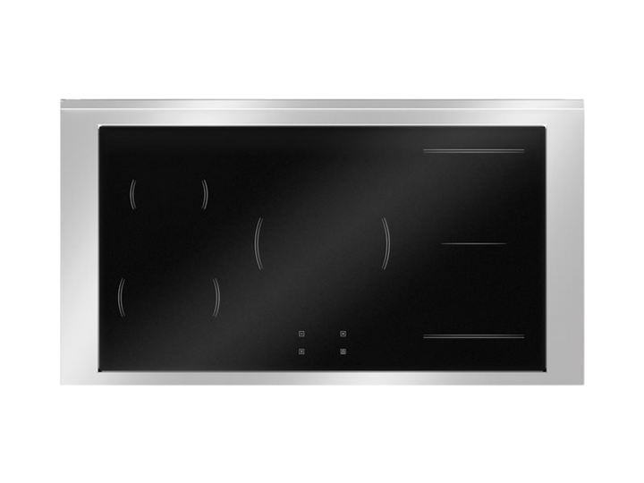 Stainless steel electric cooktop with black glass surface on a white background