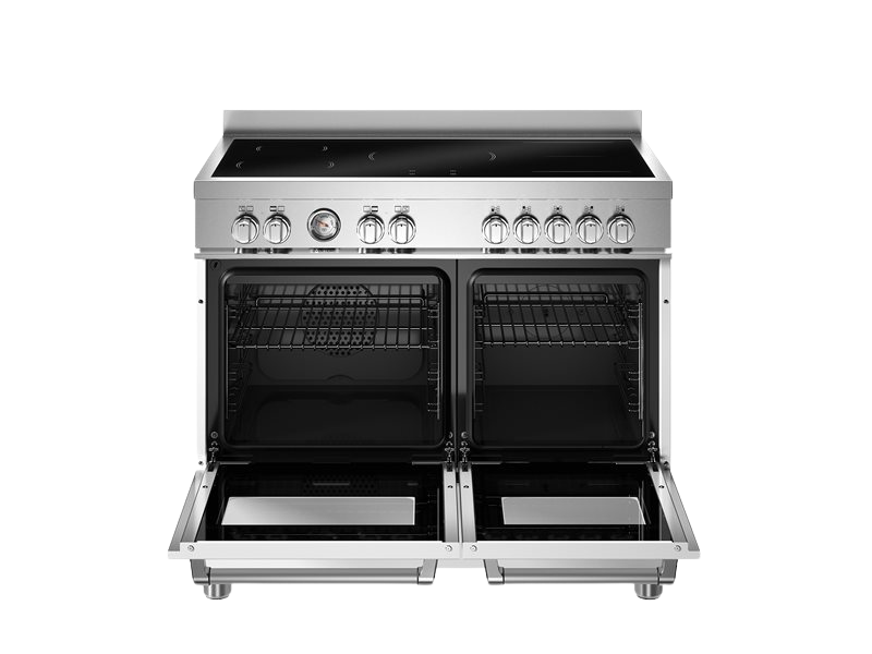 Stainless steel kitchen range with open doors on a white background
