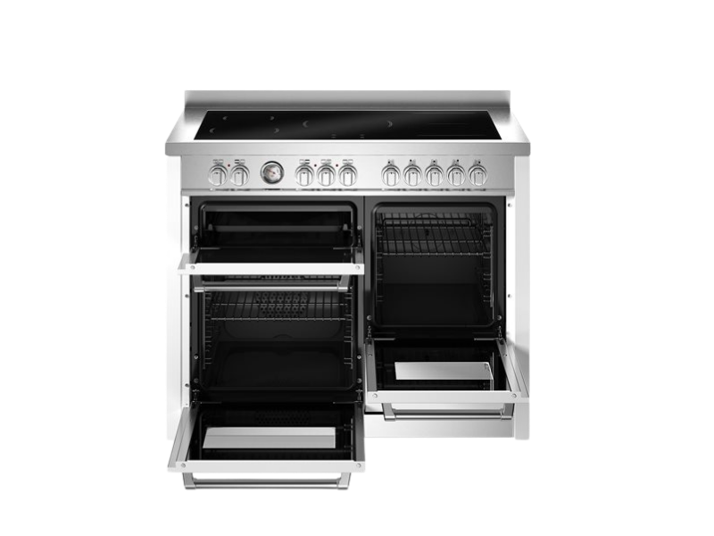 Stainless steel kitchen range with open oven doors on a white background