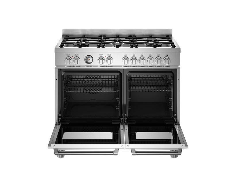 Stainless steel gas range with open doors on a white background