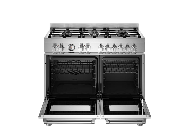 Stainless steel gas range with open doors on a white background