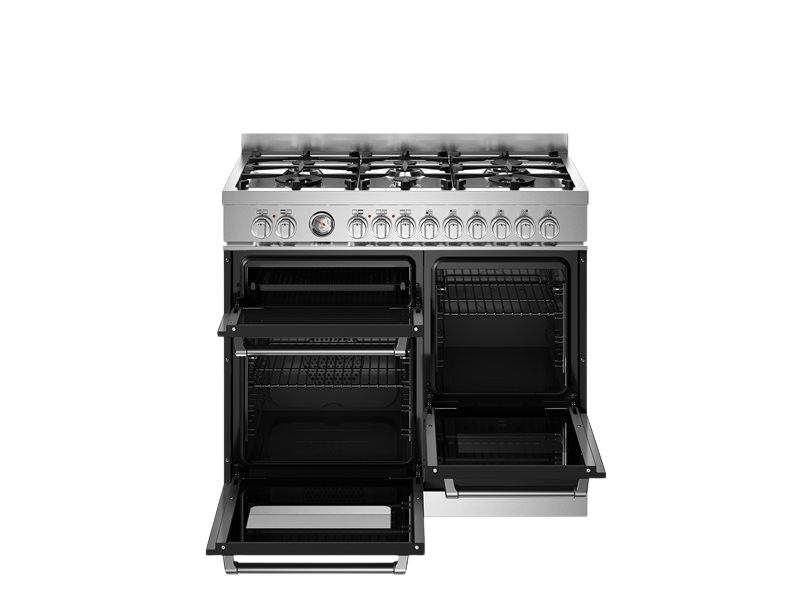 Stainless steel gas range with open oven doors on a white background