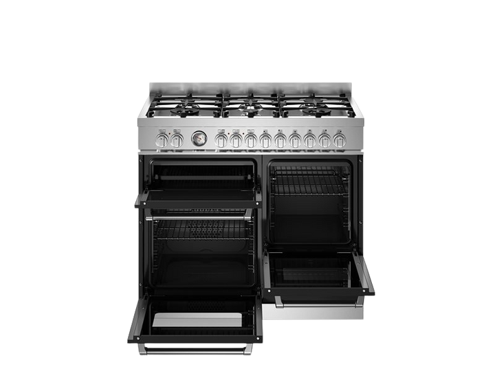 Stainless steel gas range with open oven doors on a white background