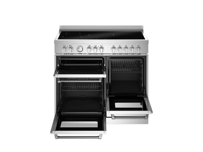 Stainless steel kitchen range with open doors on a white background