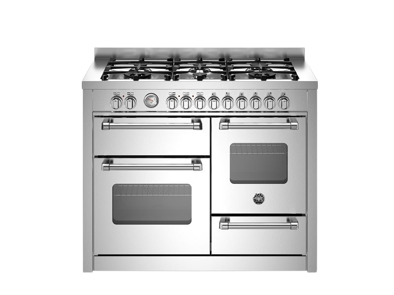 Stainless steel kitchen range with gas cooktop and oven on a white background