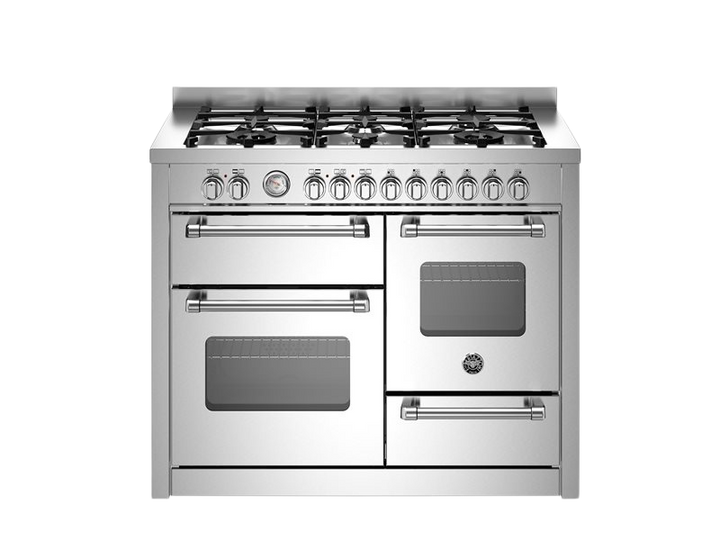 Stainless steel kitchen range with gas cooktop and oven on a white background