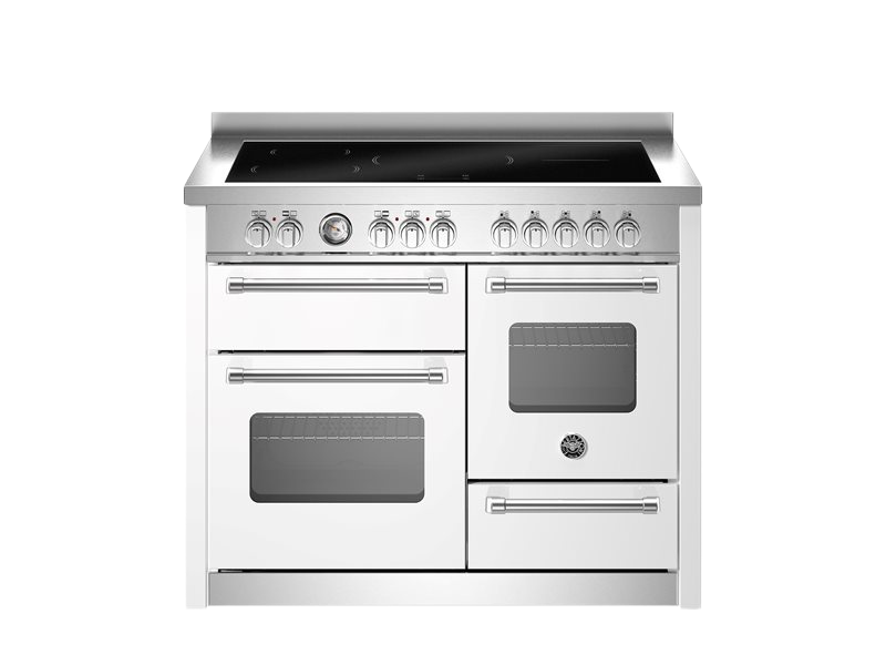 Stainless steel kitchen range with multiple ovens on a white background