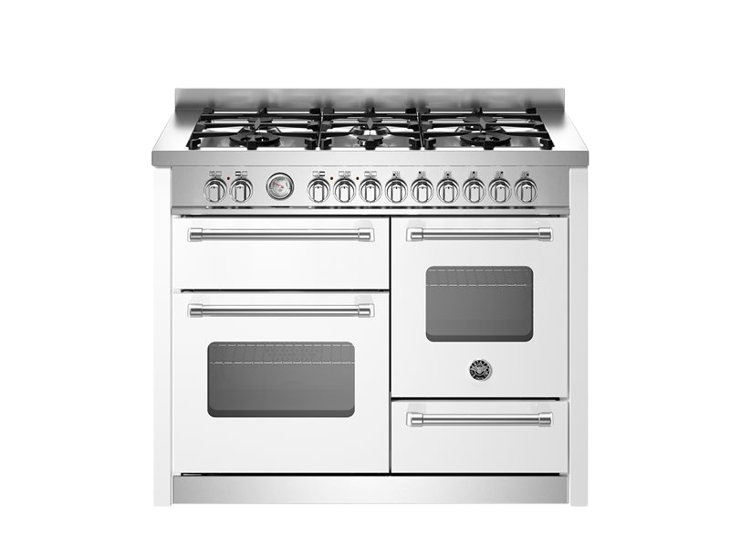 Stainless steel kitchen range with gas cooktop on a white background