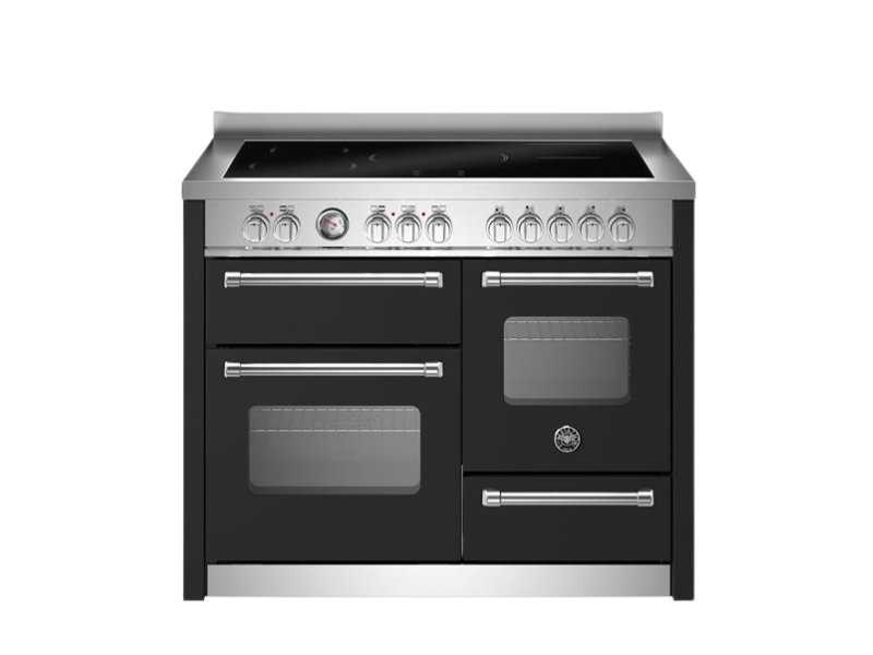 Black and silver kitchen stove with multiple burners and oven on a white background