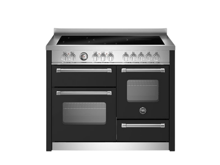 Black and silver kitchen stove with multiple burners and oven on a white background
