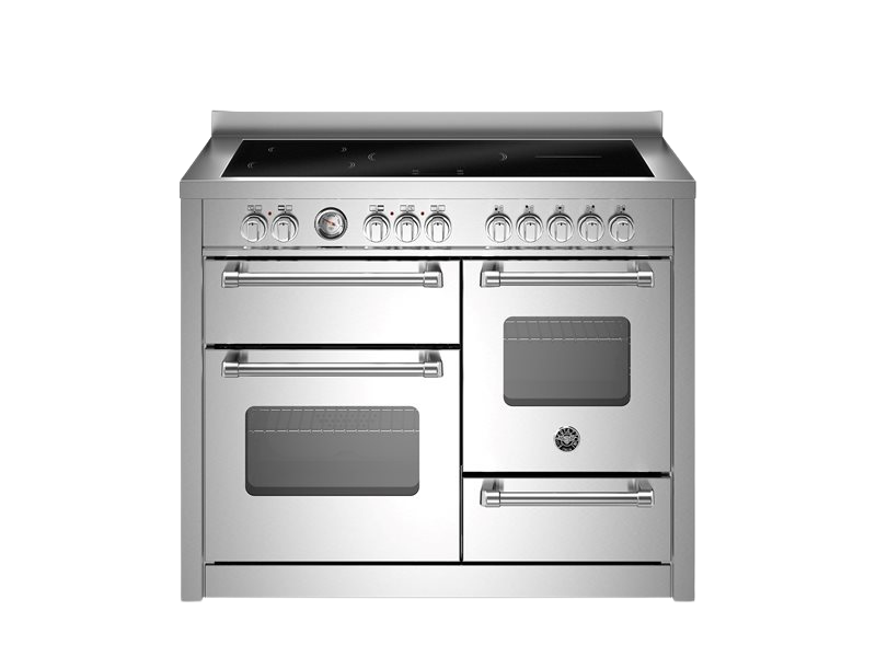 Stainless steel kitchen range with oven and stovetop on a white background