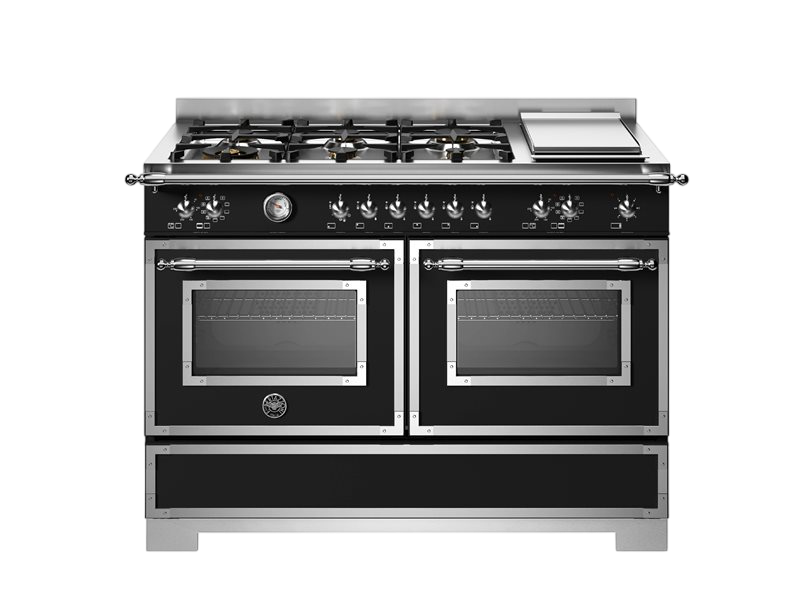 black 120 heritage bertazzoni with stainless trim gas hob and griddle