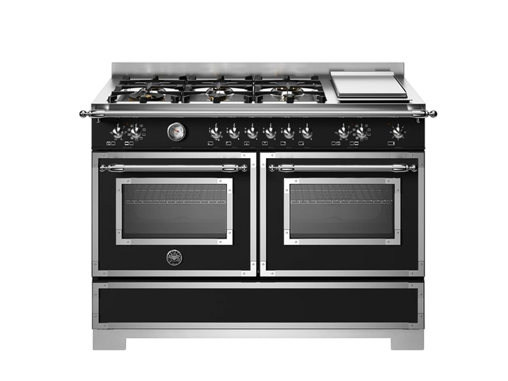 black 120 heritage bertazzoni with stainless trim gas hob and griddle