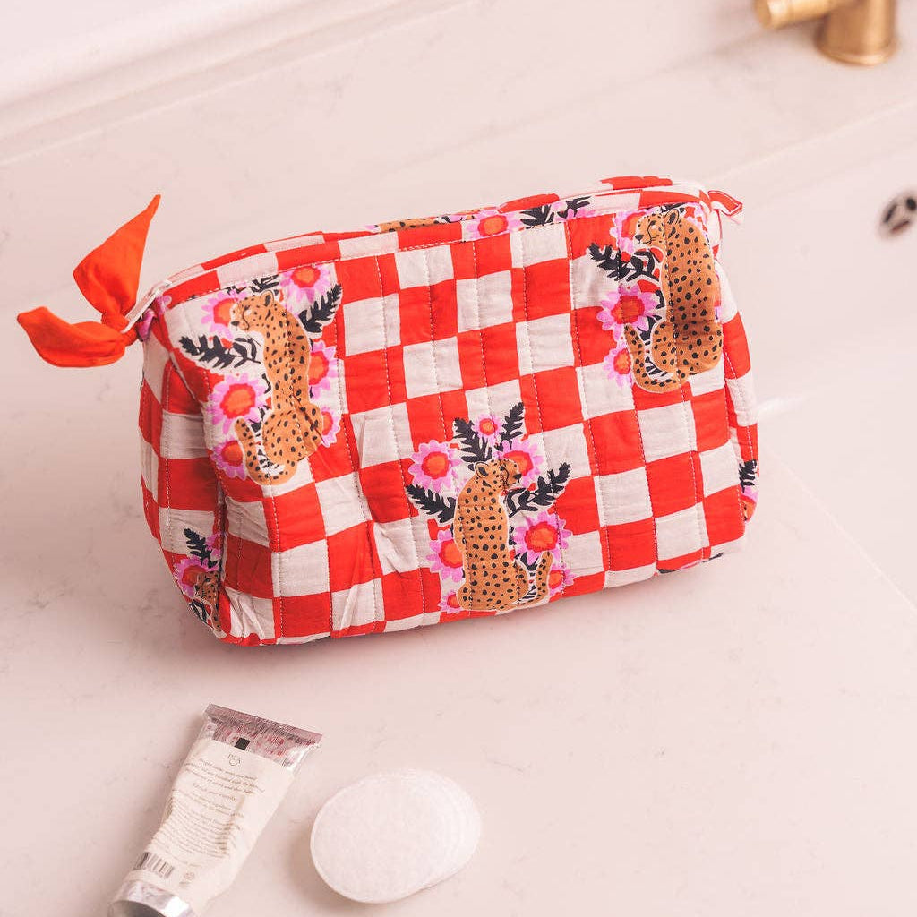 Hand Block Printed Wash Bag in Cherry Cheetah