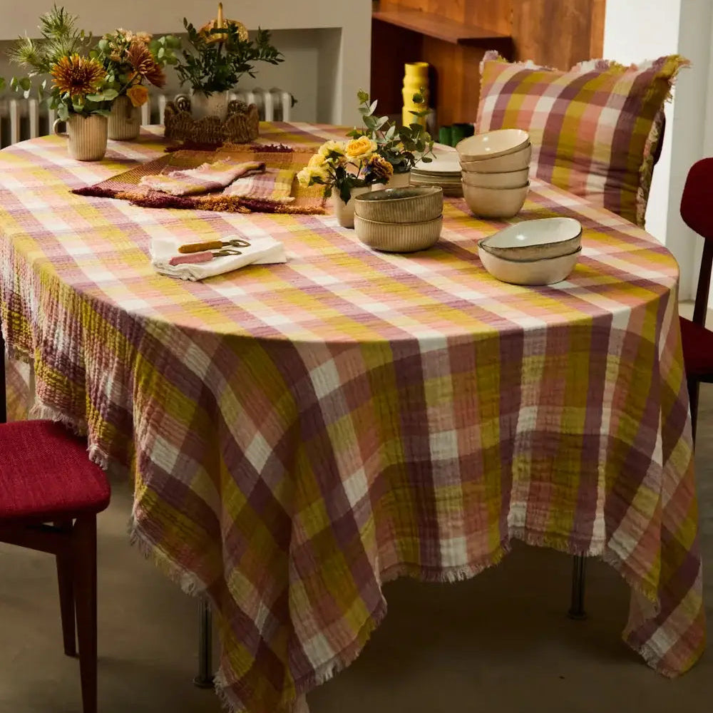 Harvest Gingham Muslin Tablecloth with Fringe