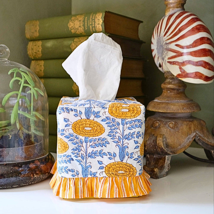 Ruffled Tissue Box Cover in Araminta Yellow Blockprint