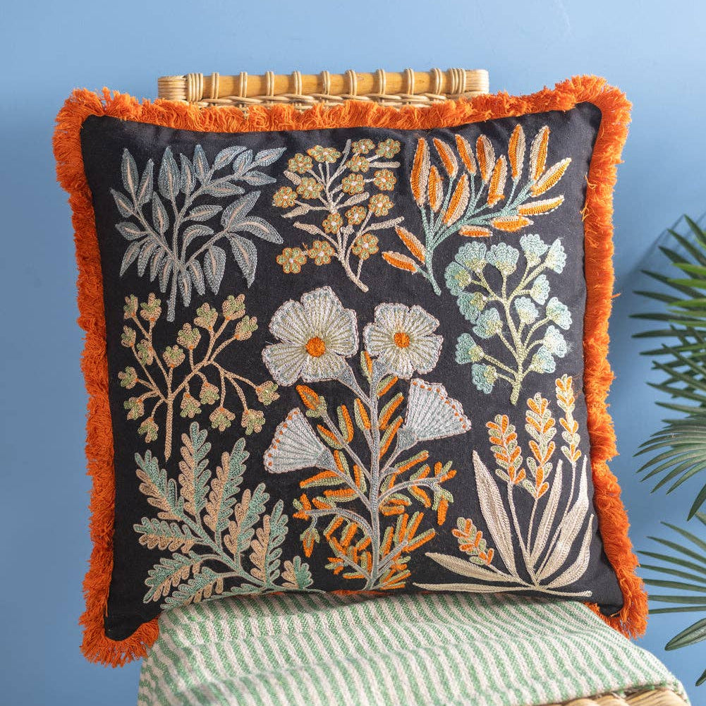 Botanical Embroidered Cushion Cover
