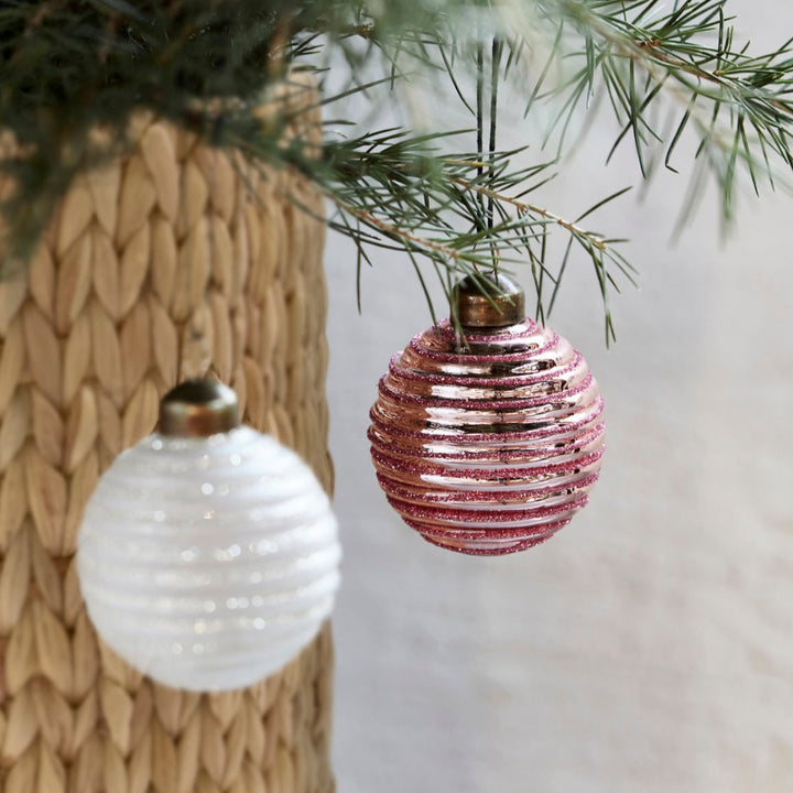 Lolli Soft Pink & White Glitter Baubles | Set of 6