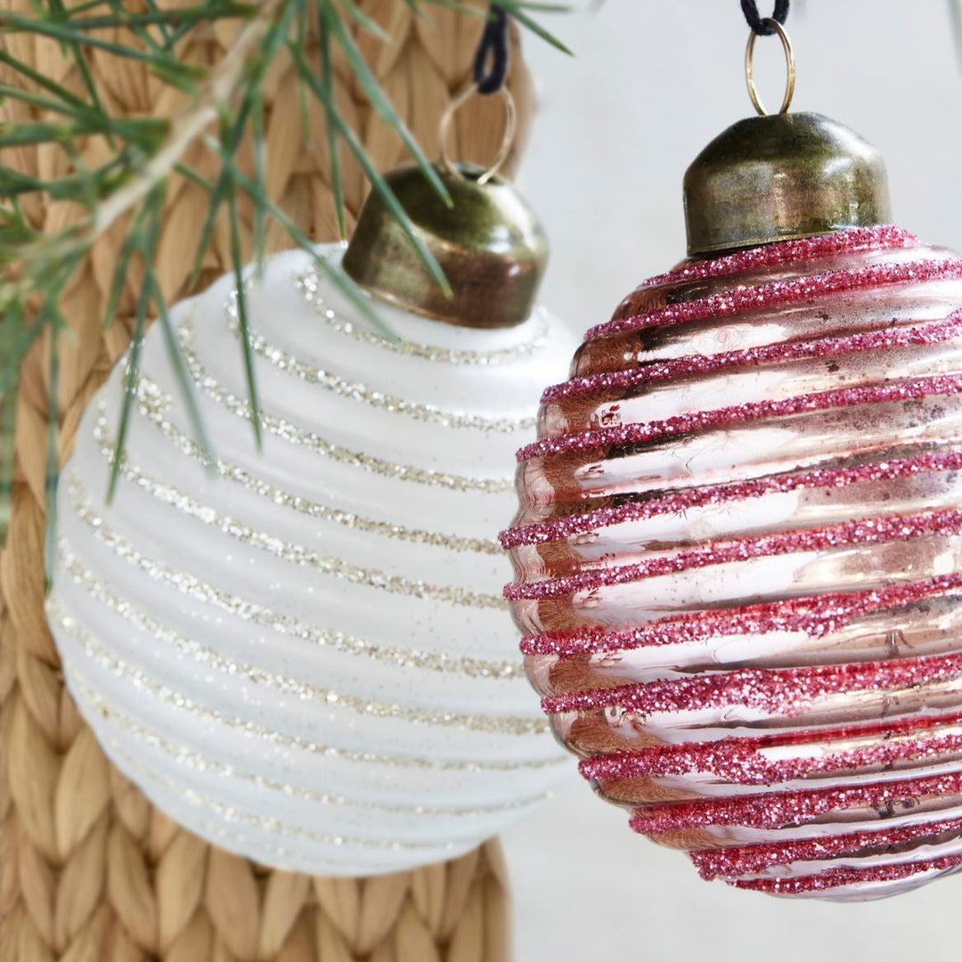 Lolli Soft Pink & White Glitter Baubles | Set of 6