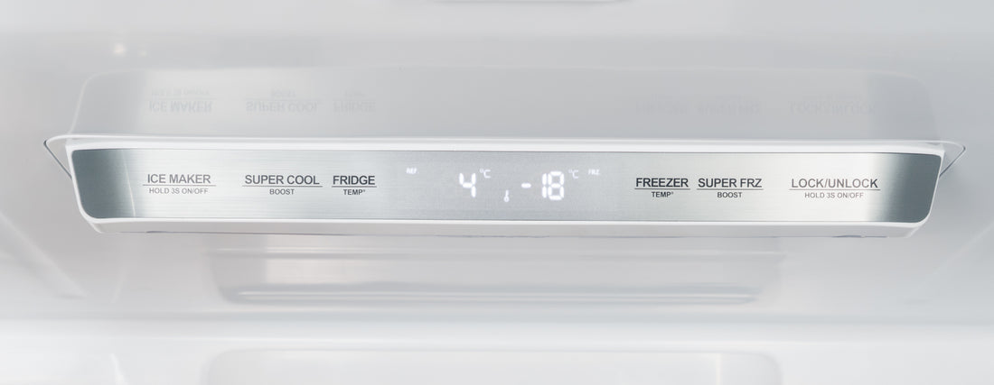 Digital display of a refrigerator with temperature settings on a white background