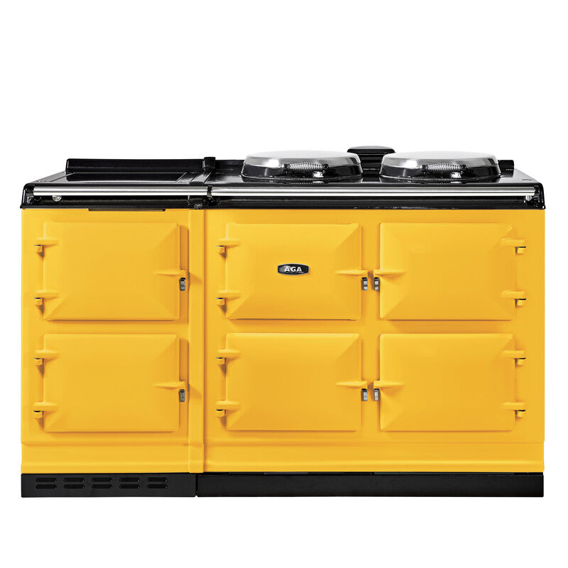 Yellow AGA stove with black cooktop on a white background
